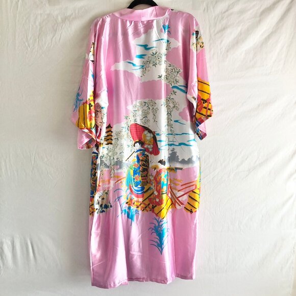 Boho Japanese Geisha Scene Satin Robe - Picture 3 of 8